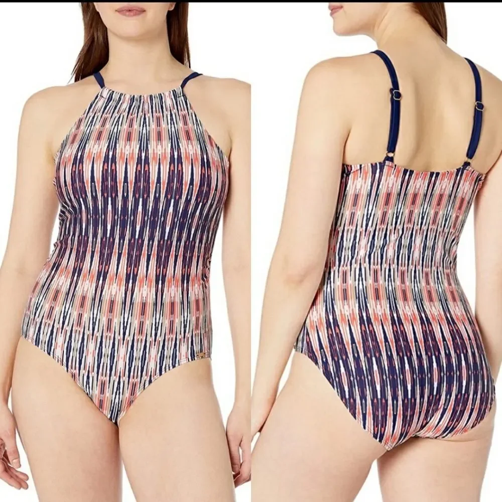 Jones New York One Piece Bathing Suit Size 10 Navy Blue White Coral‎ Swimsuit